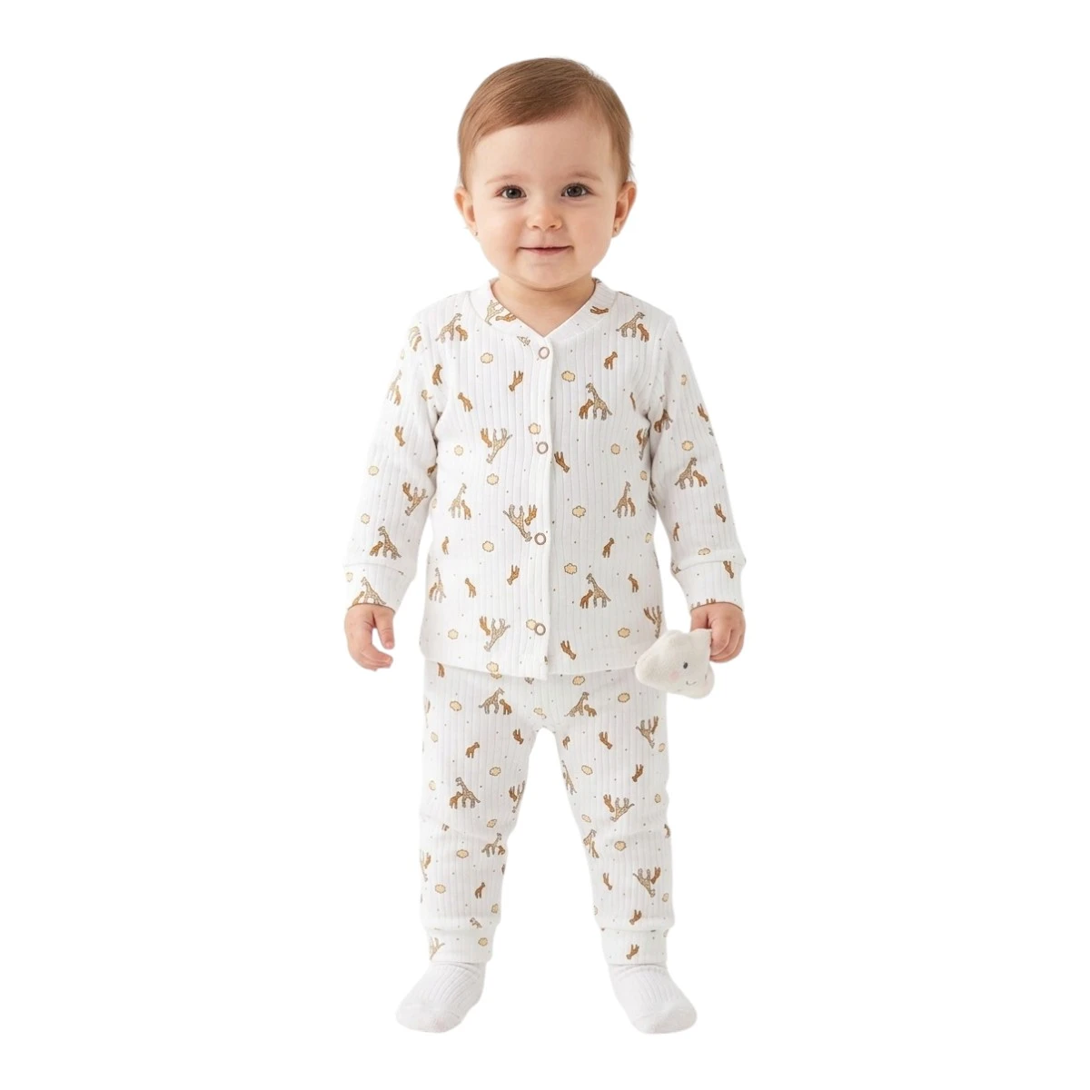 Kahve Zürafa Çıtçıtlı Raporlu Pijama