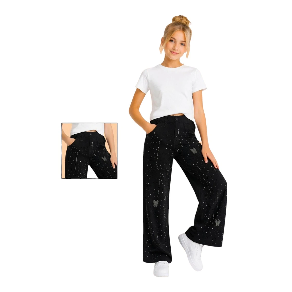 TATİ 1309-2 11-15Y SİYAH TAŞLI KOT PANTOLON