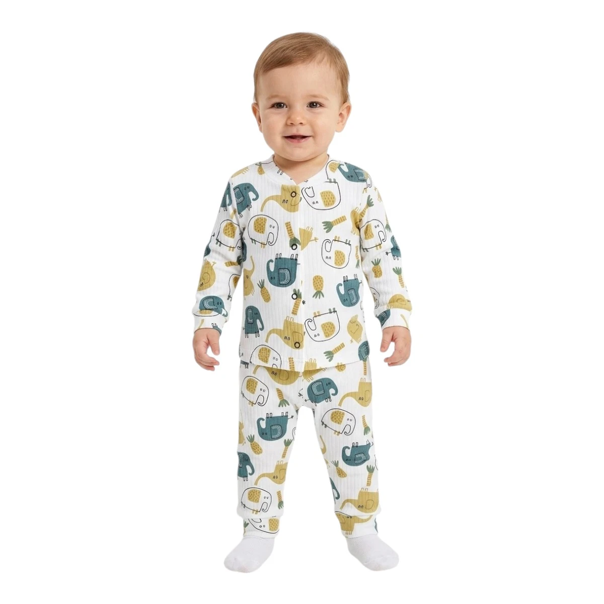 Yeşil Büyük Filler Raporlu Çıtçıtlı Pijama